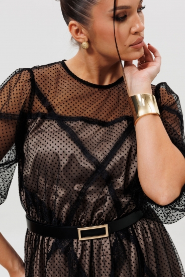 Платье из сетки в горошек расклешенное с кружевом